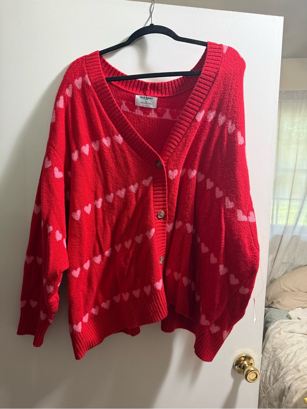 Old Navy Red Cardigan with Pink Heart Pattern